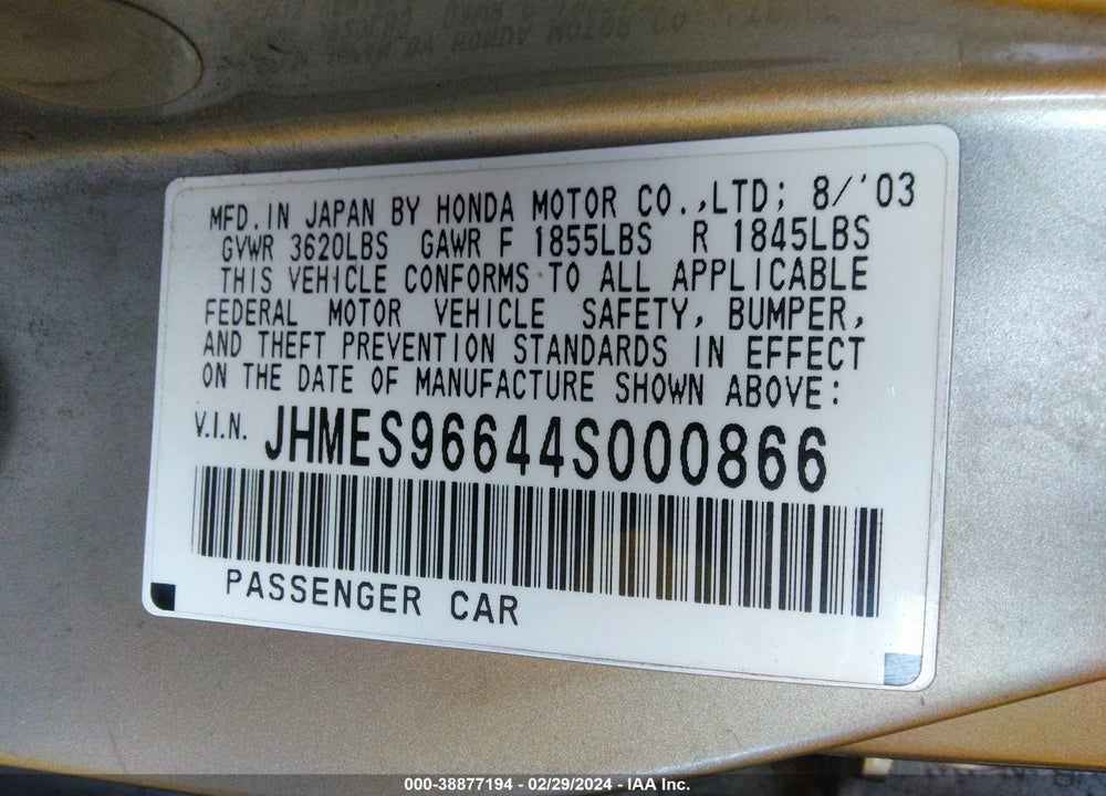 2004 HONDA CIVIC HYBRID VIN: JHMES96644S000866