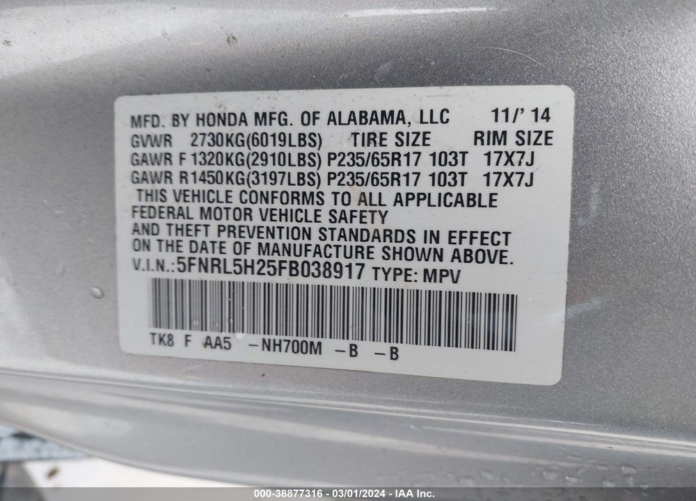 2015 HONDA ODYSSEY LX VIN: 5FNRL5H25FB038917