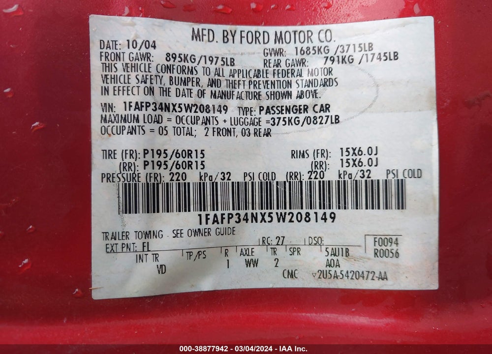 2005 FORD FOCUS ZX4 VIN: 1FAFP34NX5W208149
