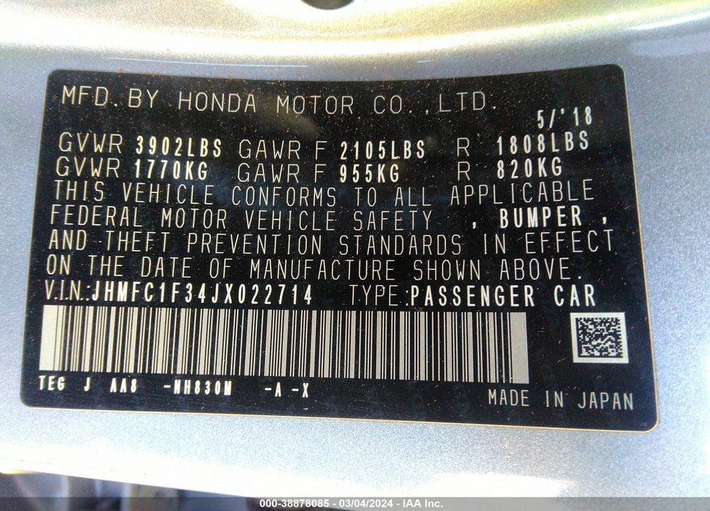 2018 HONDA CIVIC EX-T VIN: JHMFC1F34JX022714