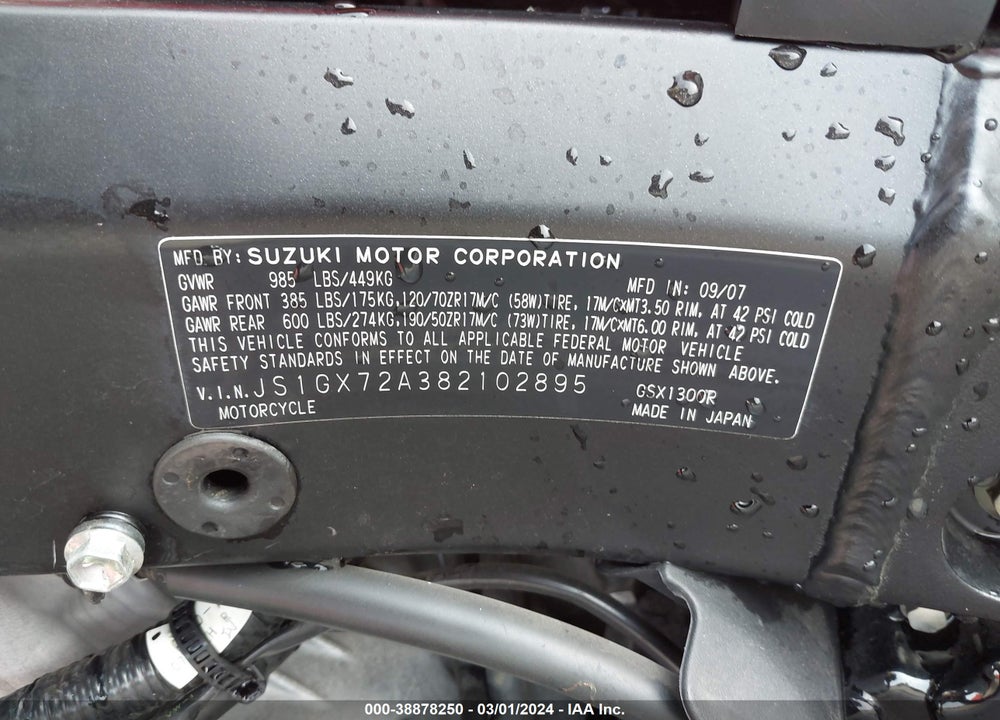 2008 SUZUKI GSX1300 VIN: JS1GX72A382102895