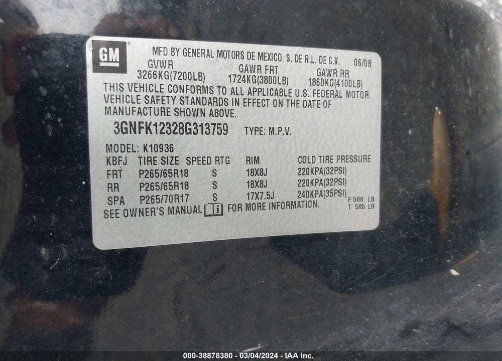 2008 CHEVROLET AVALANCHE 1500 LT VIN: 3GNFK12328G313759