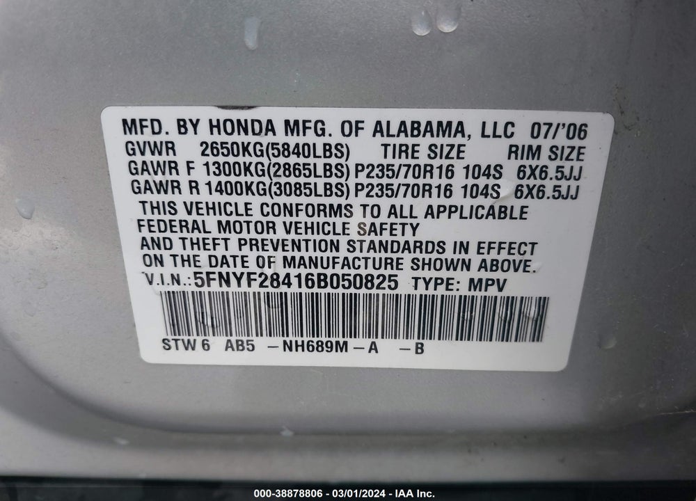 2006 HONDA PILOT EX VIN: 5FNYF28416B050825