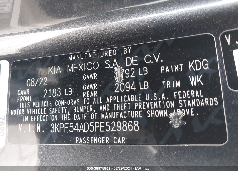 2023 KIA FORTE GT LINE VIN: 3KPF54AD5PE529868