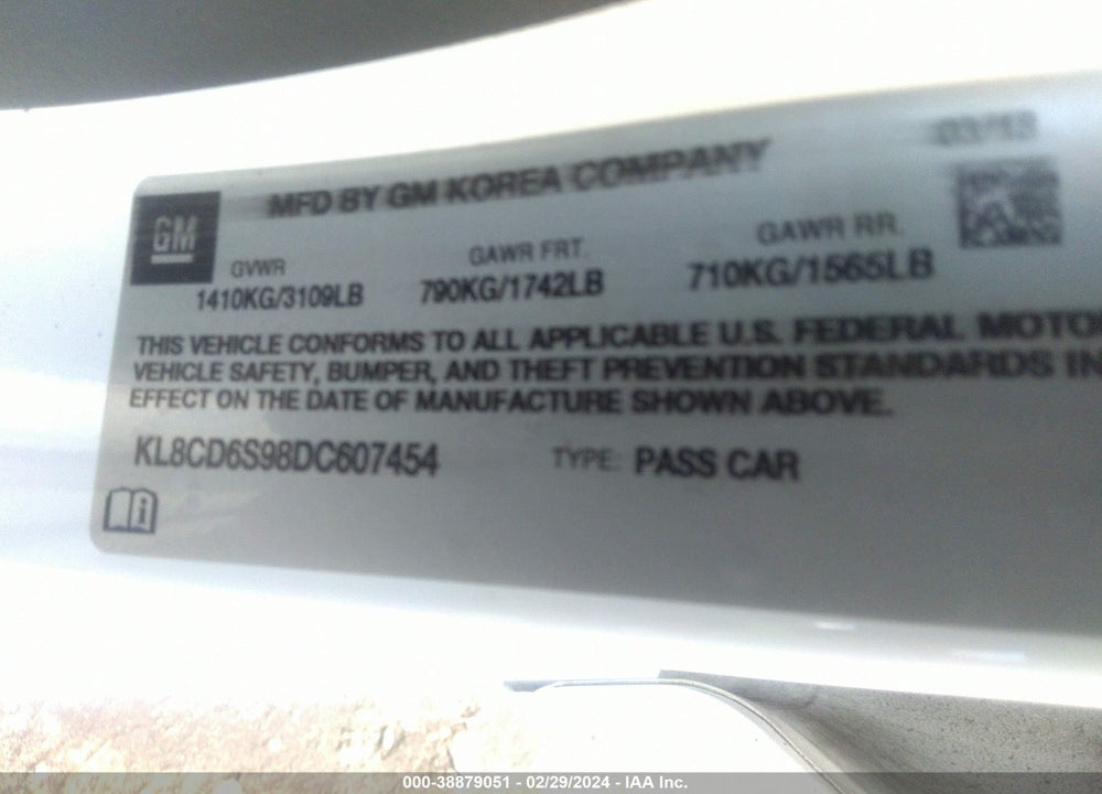 2013 CHEVROLET SPARK 1LT AUTO VIN: KL8CD6S98DC607454
