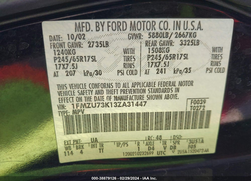 2003 FORD EXPLORER NBX/XLT VIN: 1FMZU73K13ZA31447