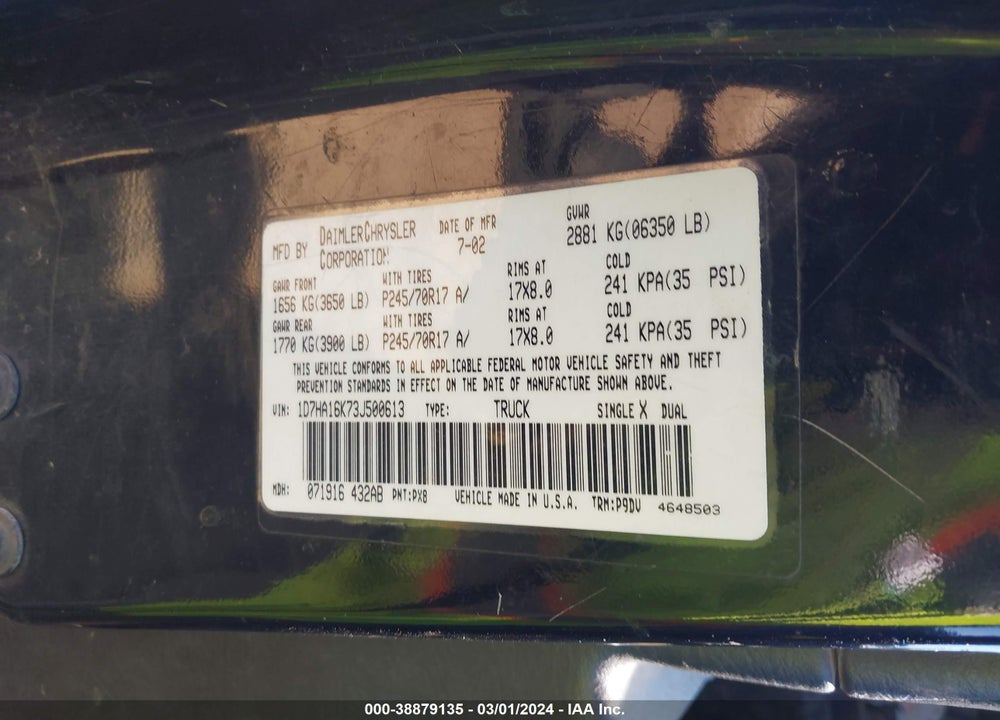 2003 DODGE RAM 1500 ST VIN: 1D7HA16K73J500613
