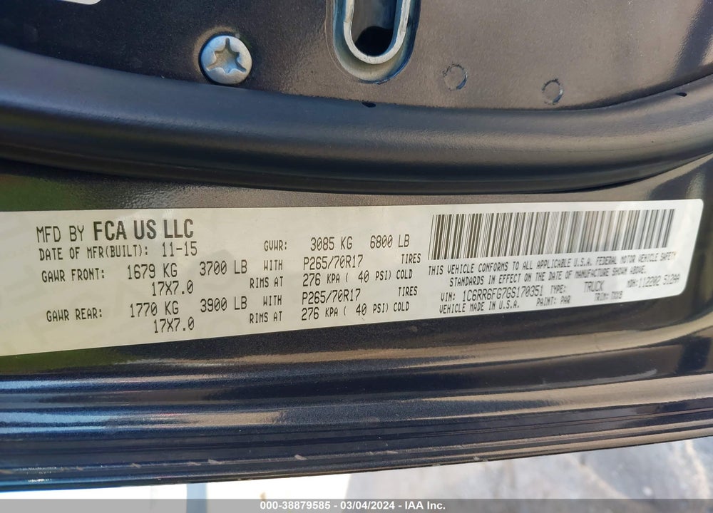 2016 RAM 1500 TRADESMAN VIN: 1C6RR6FG7GS170351
