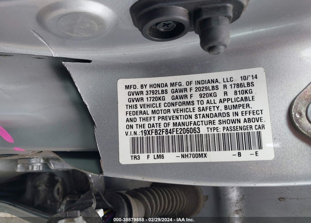 2015 HONDA CIVIC EX VIN: 19XFB2F84FE206063