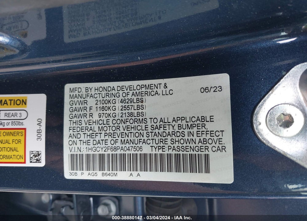 2023 HONDA ACCORD HYBRID EX-L VIN: 1HGCY2F68PA047506