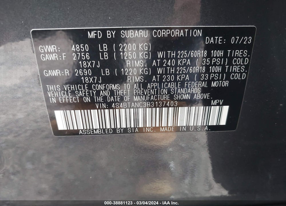 2024 SUBARU OUTBACK LIMITED VIN: 4S4BTANC3R3137403