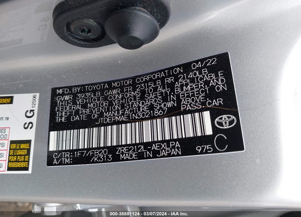 2022 TOYOTA COROLLA LE VIN: JTDEPMAE1N3021867