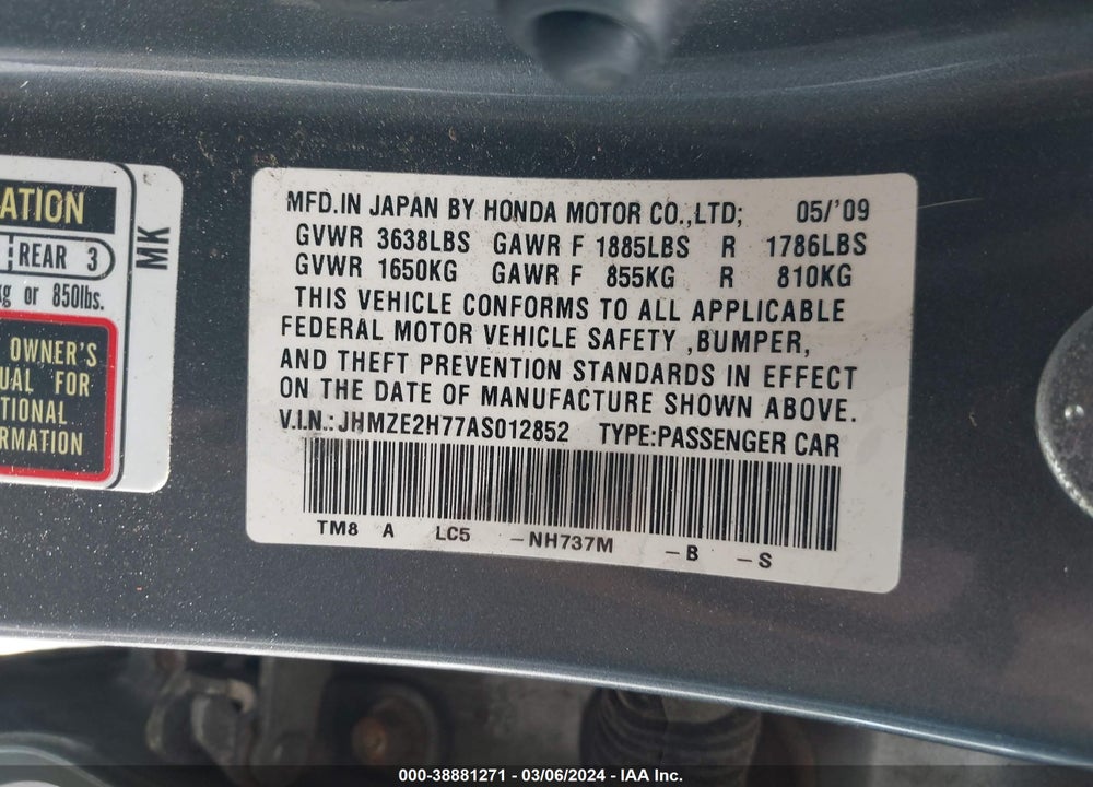 2010 HONDA INSIGHT EX VIN: JHMZE2H77AS012852