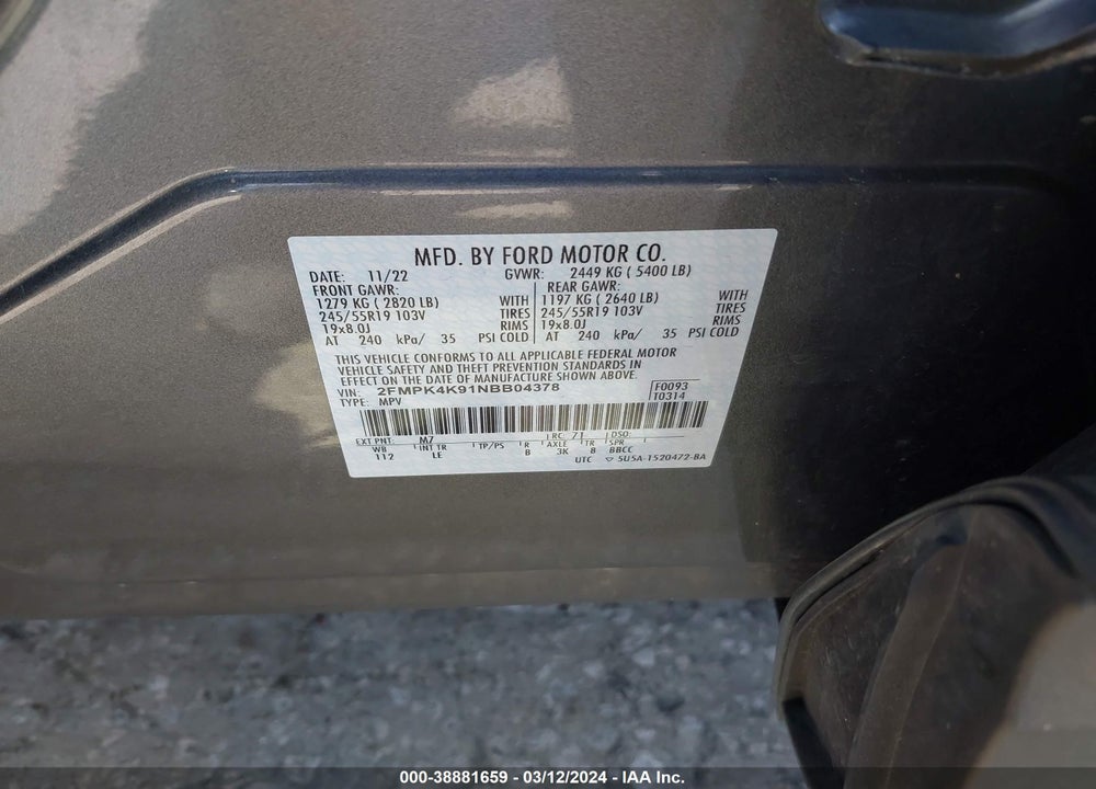 2022 FORD EDGE TITANIUM VIN: 2FMPK4K91NBB04378