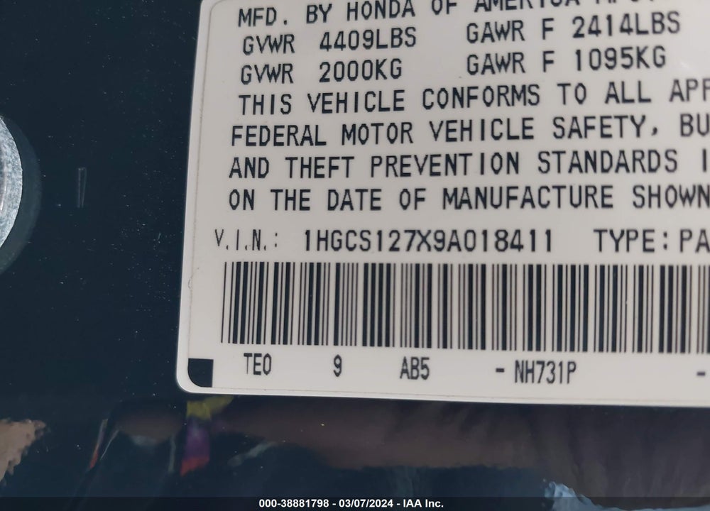 2009 HONDA ACCORD 2.4 EX VIN: 1HGCS127X9A018411