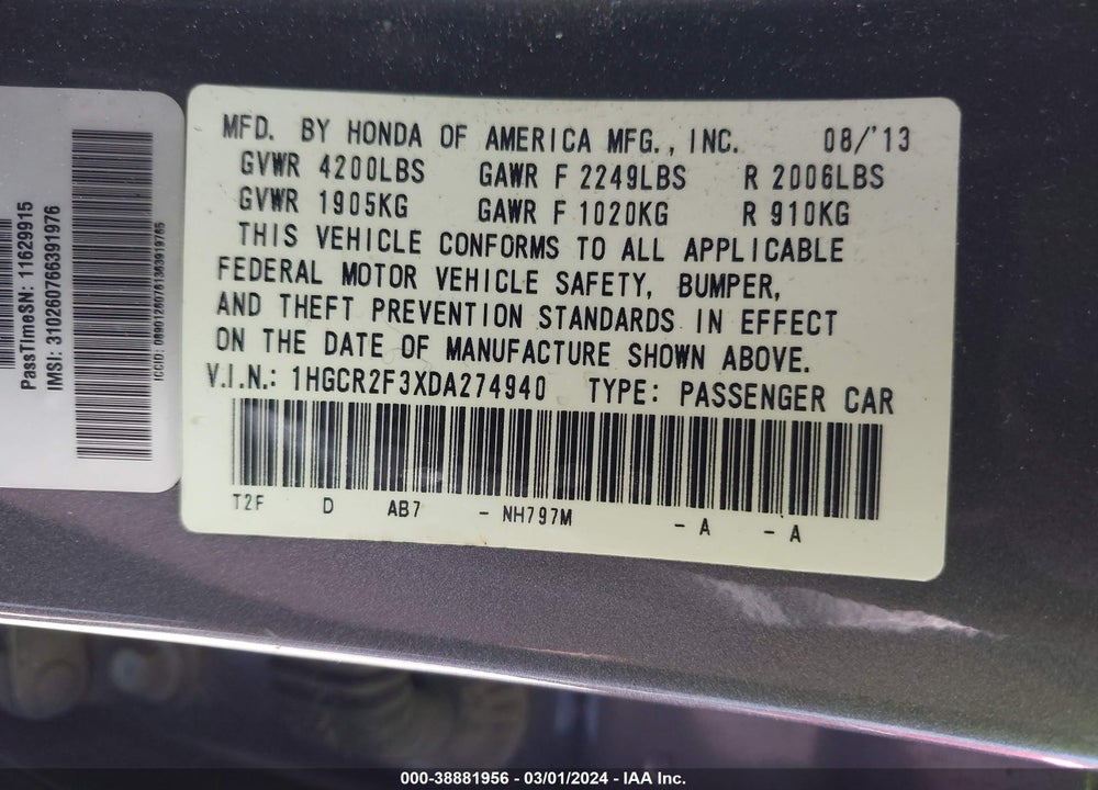 2013 HONDA ACCORD LX VIN: 1HGCR2F3XDA274940