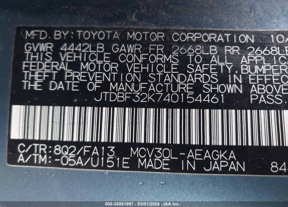 2004 TOYOTA CAMRY XLE V6 VIN: JTDBF32K740154461