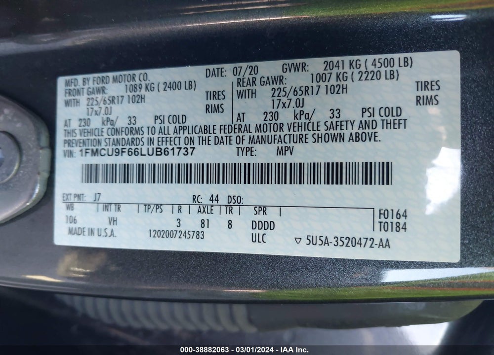 2020 FORD ESCAPE S VIN: 1FMCU9F66LUB61737