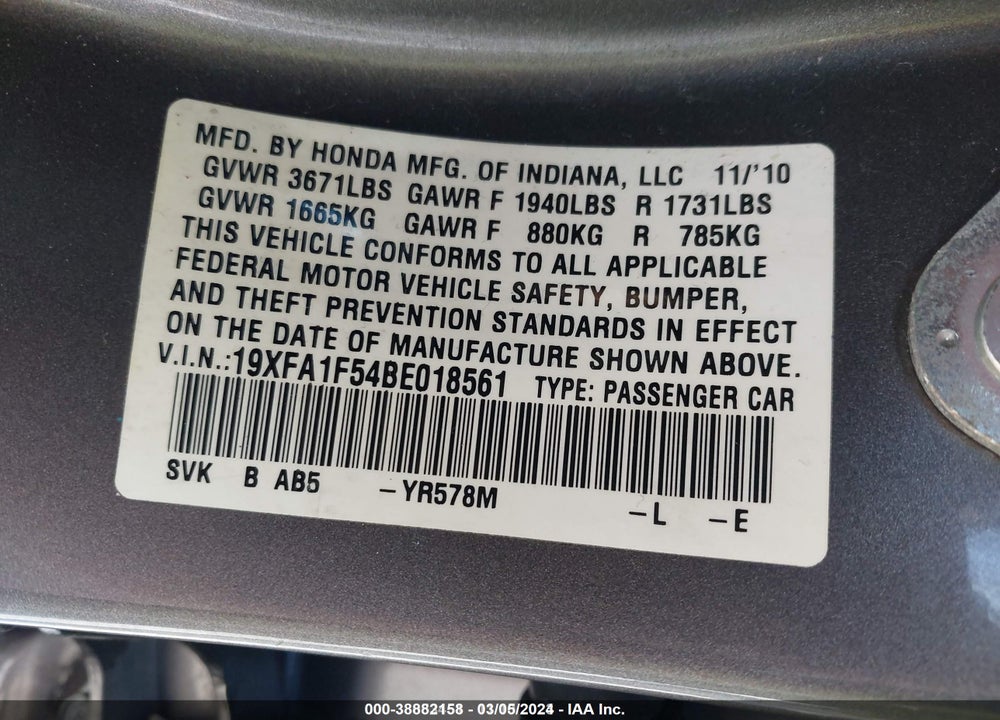 2011 HONDA CIVIC LX VIN: 19XFA1F54BE018561