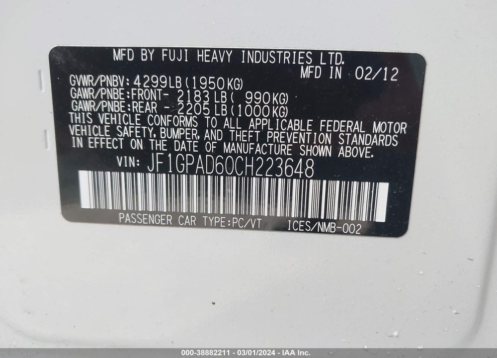 2012 SUBARU IMPREZA 2.0I PREMIUM VIN: JF1GPAD60CH223648