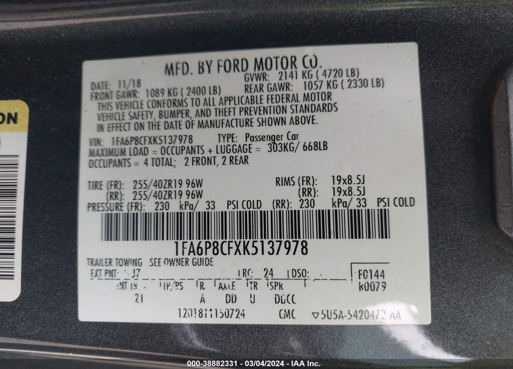 2019 FORD MUSTANG GT VIN: 1FA6P8CFXK5137978