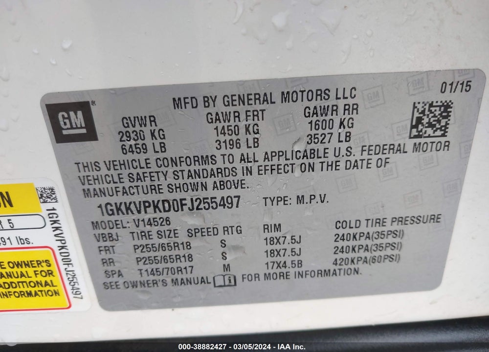 2015 GMC ACADIA SLE-2 VIN: 1GKKVPKD0FJ255497