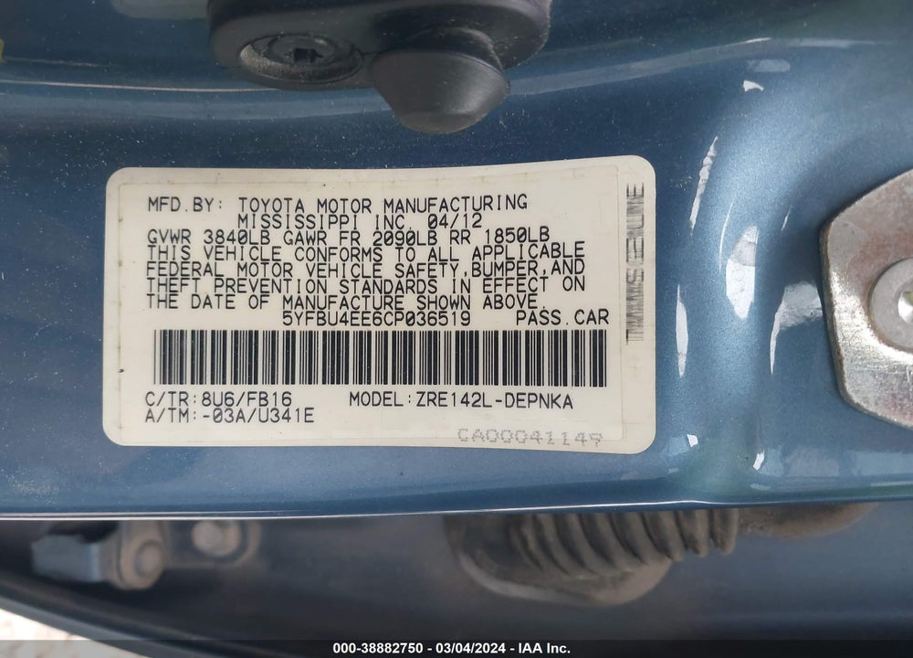 2012 TOYOTA COROLLA LE VIN: 5YFBU4EE6CP036519