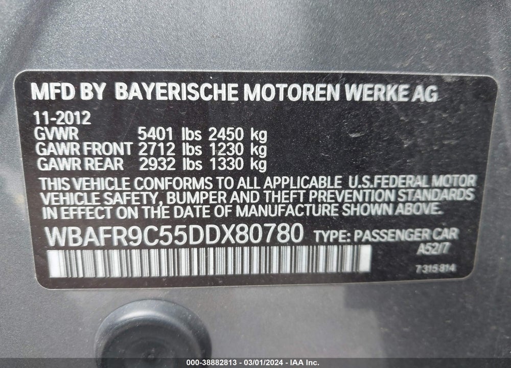 2013 BMW 550I VIN: WBAFR9C55DDX80780