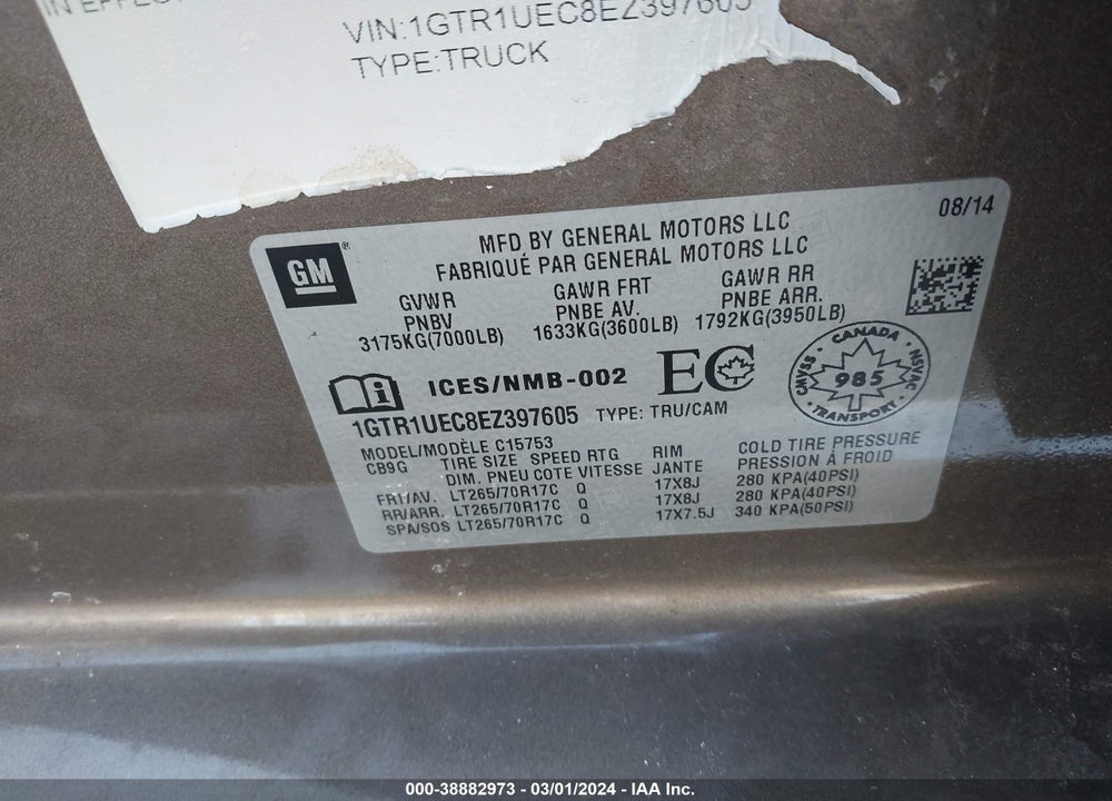 2014 GMC SIERRA 1500 SLE VIN: 1GTR1UEC8EZ397605