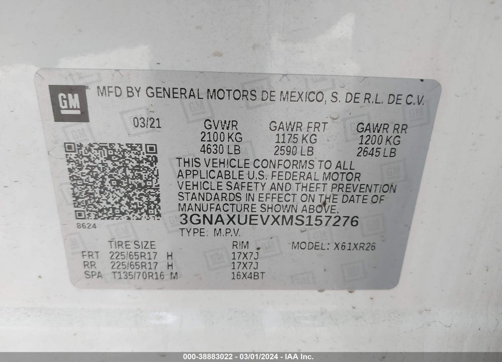 2021 CHEVROLET EQUINOX AWD LT VIN: 3GNAXUEVXMS157276