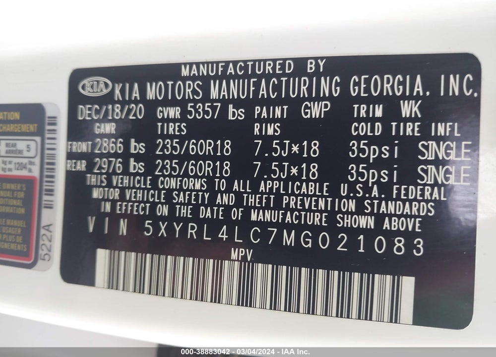 2021 KIA SORENTO S VIN: 5XYRL4LC7MG021083
