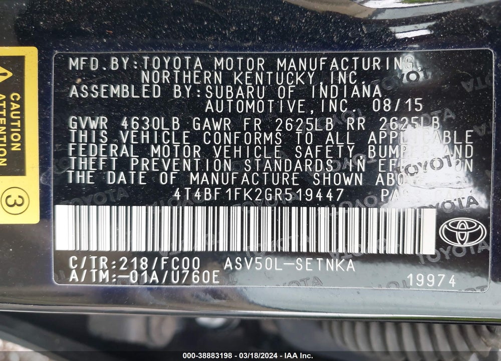 2016 TOYOTA CAMRY VIN: 4T4BF1FK2GR519447