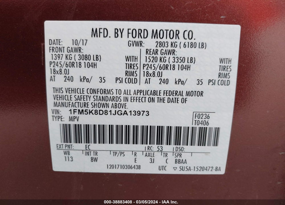 2018 FORD EXPLORER XLT VIN: 1FM5K8D81JGA13973