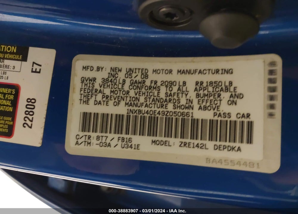 2009 TOYOTA COROLLA VIN: 1NXBU40E49Z050661