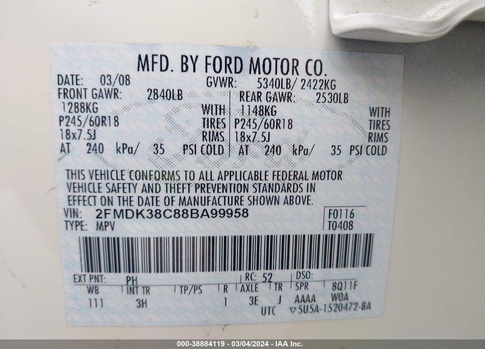 2008 FORD EDGE SEL VIN: 2FMDK38C88BA99958