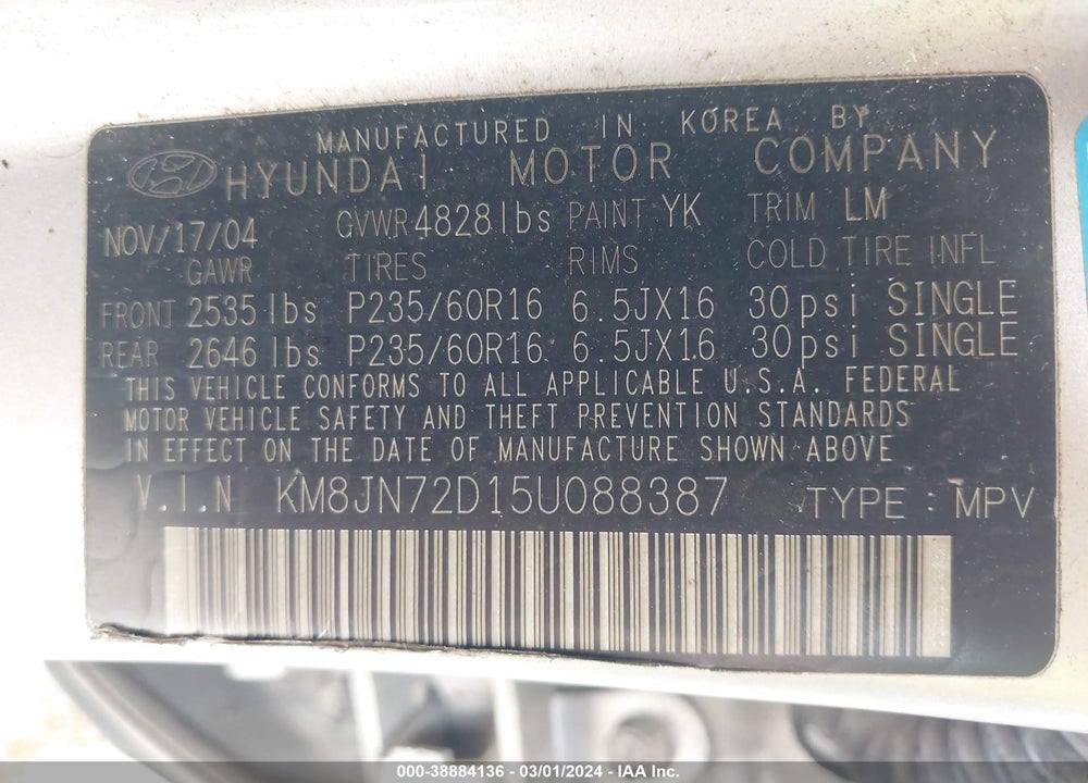 2005 HYUNDAI TUCSON GLS/LX VIN: KM8JN72D15U088387