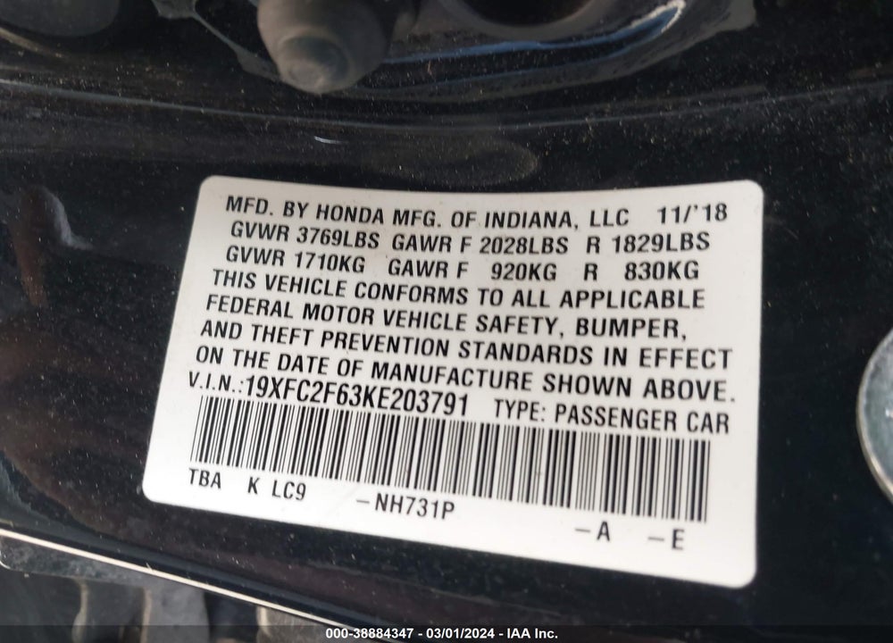 2019 HONDA CIVIC LX VIN: 19XFC2F63KE203791