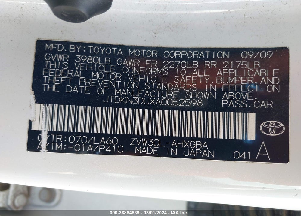 2010 TOYOTA PRIUS IV VIN: JTDKN3DUXA0052598