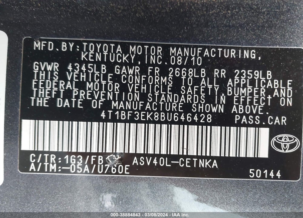2011 TOYOTA CAMRY LE VIN: 4T1BF3EK8BU646428