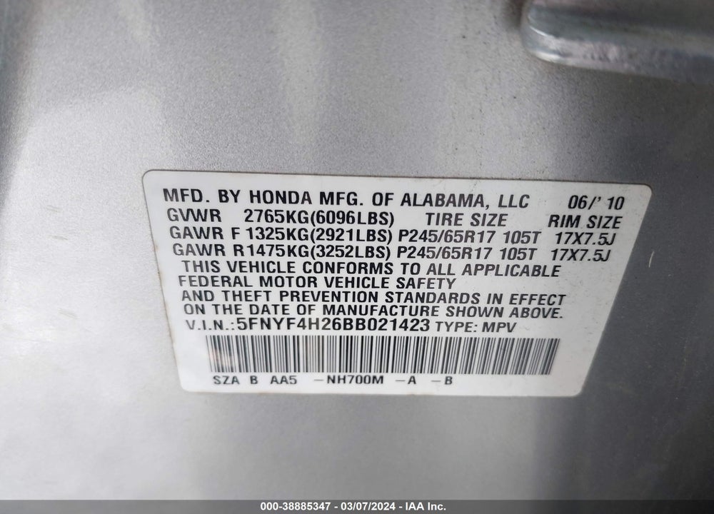 2011 HONDA PILOT LX VIN: 5FNYF4H26BB021423
