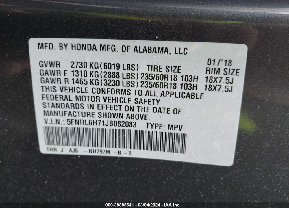 2018 HONDA ODYSSEY EX-L VIN: 5FNRL6H71JB082083