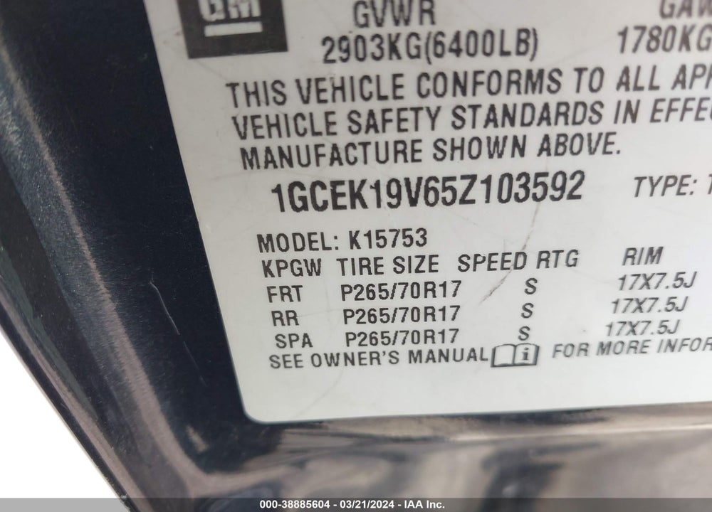 2005 CHEVROLET SILVERADO 1500 LS VIN: 1GCEK19V65Z103592