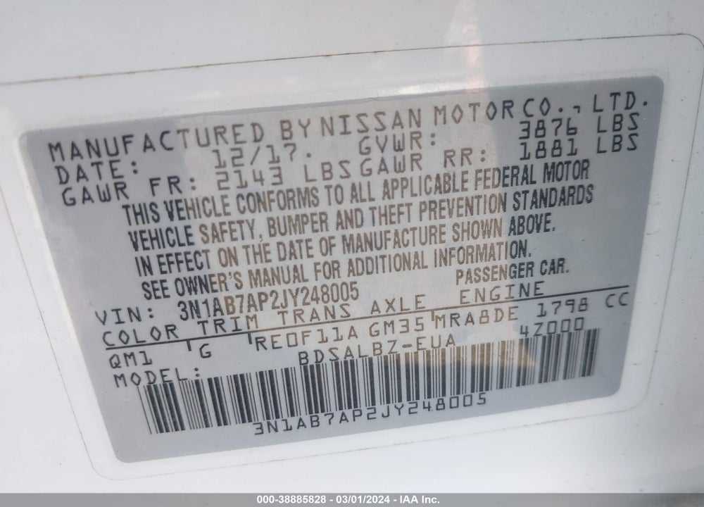 2018 NISSAN SENTRA S VIN: 3N1AB7AP2JY248005