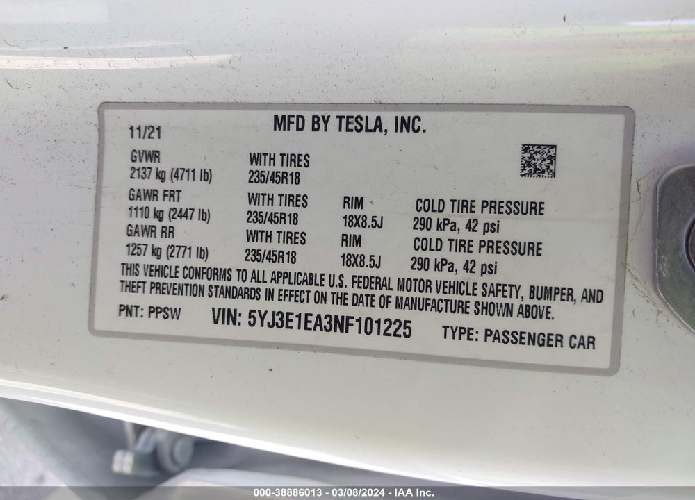 2022 TESLA MODEL 3 REAR-WHEEL DRIVE VIN: 5YJ3E1EA3NF101225