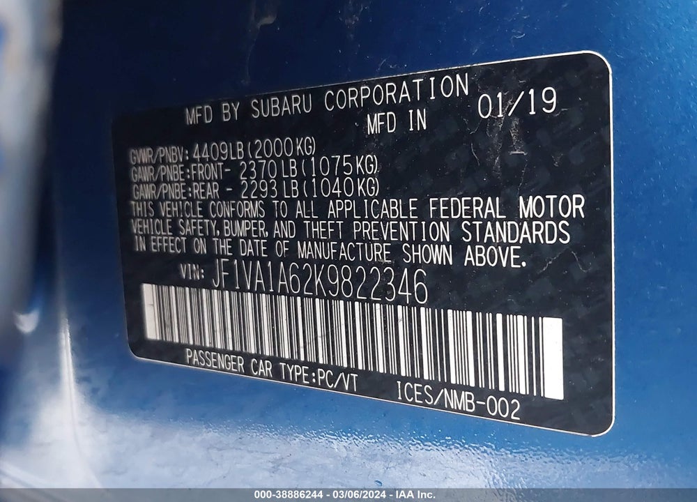 2019 SUBARU WRX VIN: JF1VA1A62K9822346