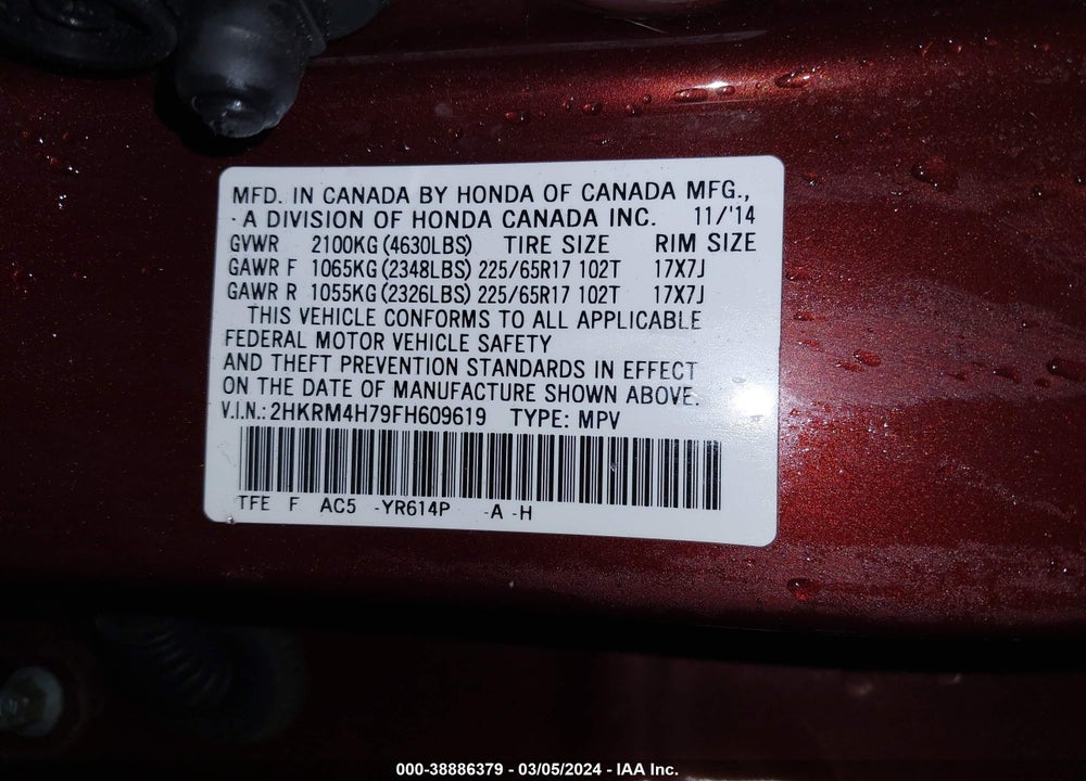 2015 HONDA CR-V EX-L VIN: 2HKRM4H79FH609619