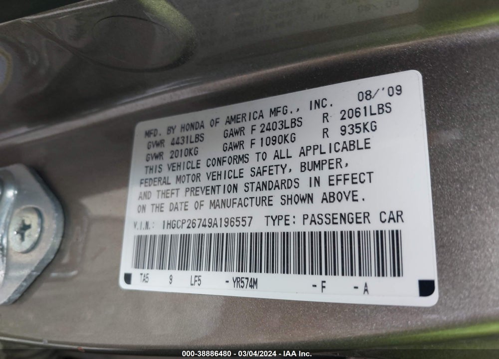 2009 HONDA ACCORD VIN: 1HGCP26749A196557