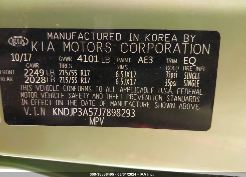 2018 KIA SOUL VIN: KNDJP3A57J7898293