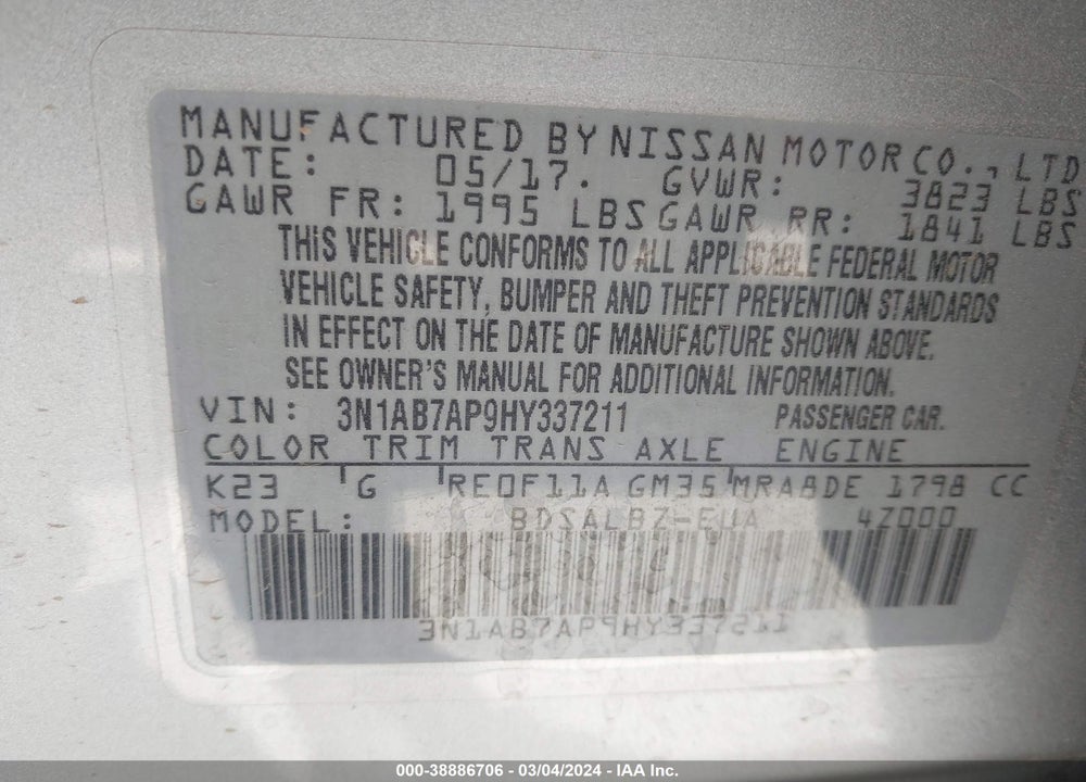 2017 NISSAN SENTRA S VIN: 3N1AB7AP9HY337211