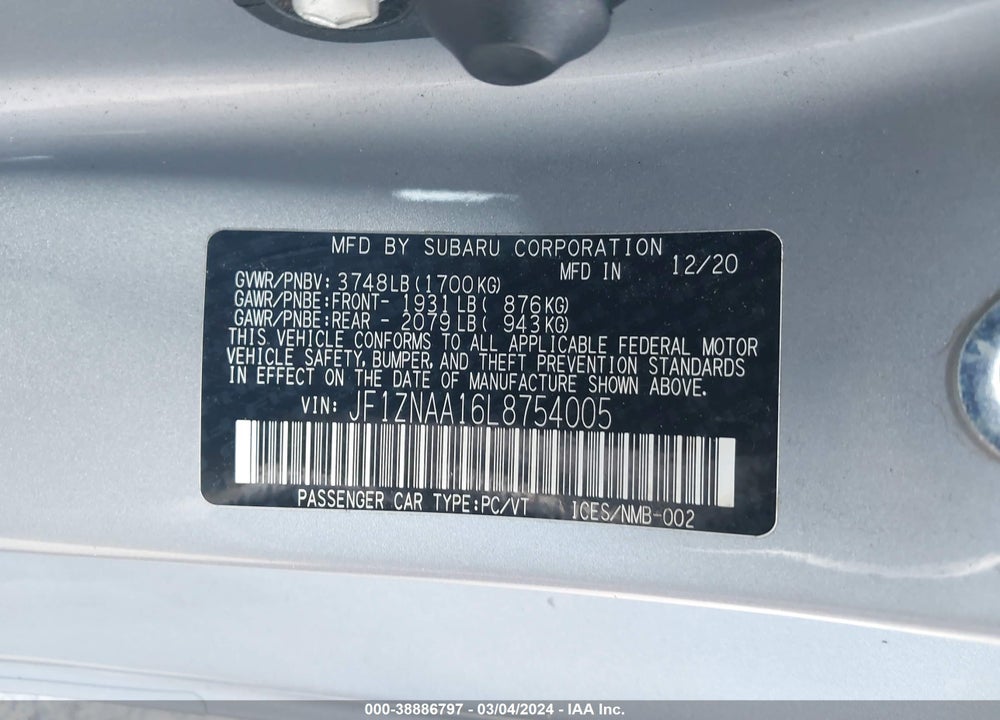 2020 TOYOTA 86 VIN: JF1ZNAA16L8754005